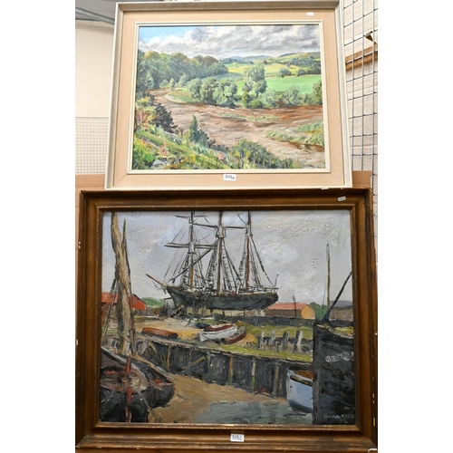 303 - Christopher Holt - River Lune in Spate, Kirby Lonsdale, oil on canvas, signed and Boats in dry dock,... 