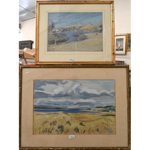 316 - Christopher Holt- two gouache landscape studies and two oil on canvas views, Tamariu and beached boa... 