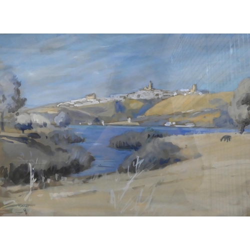 316 - Christopher Holt- two gouache landscape studies and two oil on canvas views, Tamariu and beached boa... 