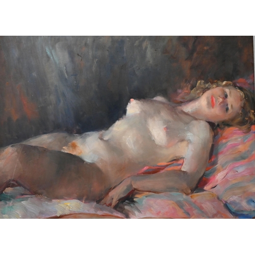 325 - Janet Green - Reclining female nude, oil on board, signed, 39 x 50 cm