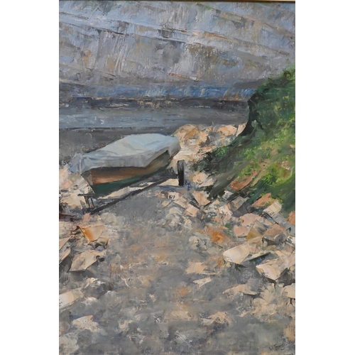 326 - Margaret English - 'Kimmeridge Beach', oil on board, signed, 49 x 39 cm