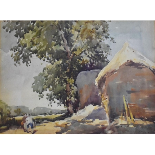 337 - William A Watkins (1885-1975) - Figures beside a barn, watercolour, signed lower right, 27 x 36 cm