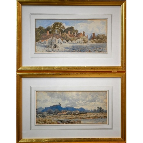 346 - W P Bartin - A pair - Harvest time, near Witley, Surrey, watercolour, signed with initials, 15 x 33 ... 