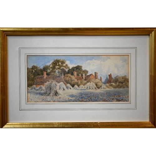 346 - W P Bartin - A pair - Harvest time, near Witley, Surrey, watercolour, signed with initials, 15 x 33 ... 