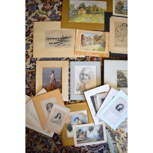 351 - A mixed collection of unframed etchings, watercolours, prints, engravings etc - including D Y Camero... 