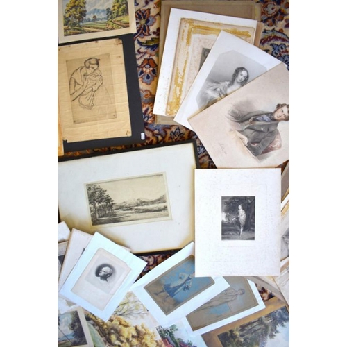 351 - A mixed collection of unframed etchings, watercolours, prints, engravings etc - including D Y Camero... 