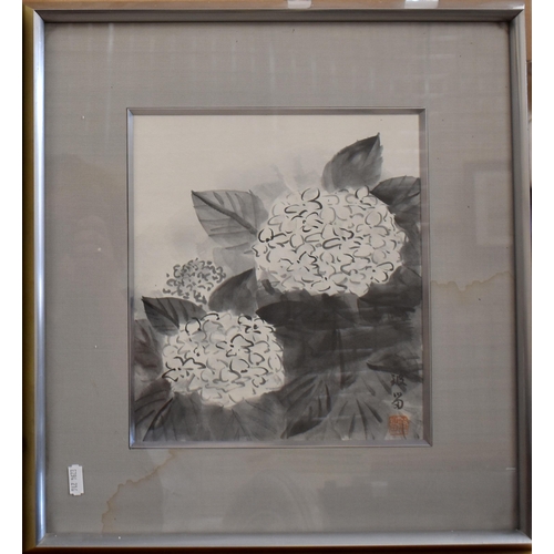 355 - A Chinese monochrome watercolour of hydrangeas, 27 x 23 cm and a silk embroidered panel of a kitten ... 