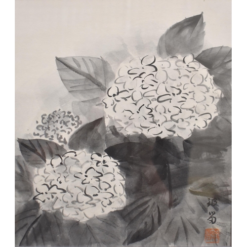 355 - A Chinese monochrome watercolour of hydrangeas, 27 x 23 cm and a silk embroidered panel of a kitten ... 