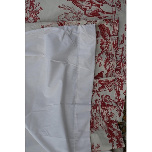 381 - A pair of red and cream toile de jouy cotton curtains, lined with gathered heading, 215 cm drop x 11... 