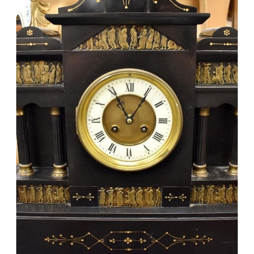 395 - A late 19th century French architectural slate mantle clock with twin train drum movement striking o... 