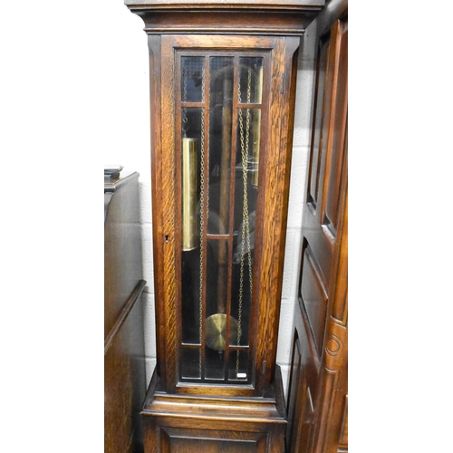 397 - A modern oak longcase clock with brass dial and triple chime movement, part glazed case c/w two weig... 