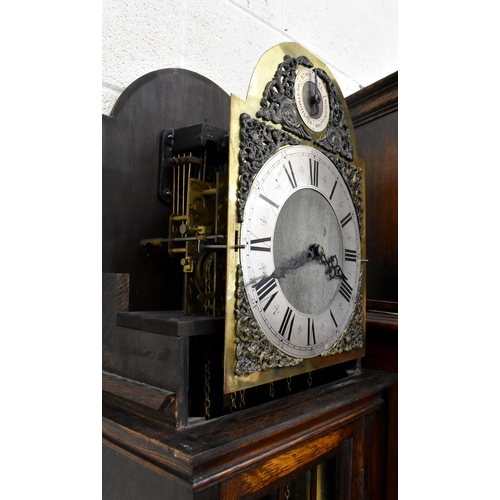 397 - A modern oak longcase clock with brass dial and triple chime movement, part glazed case c/w two weig... 