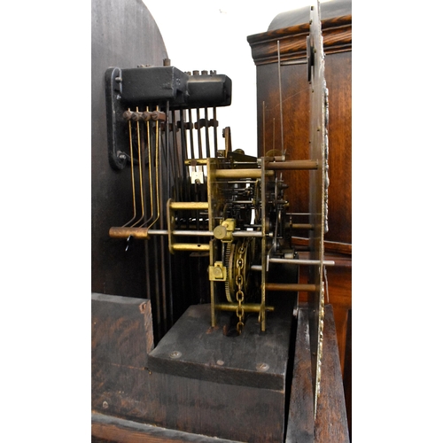 397 - A modern oak longcase clock with brass dial and triple chime movement, part glazed case c/w two weig... 