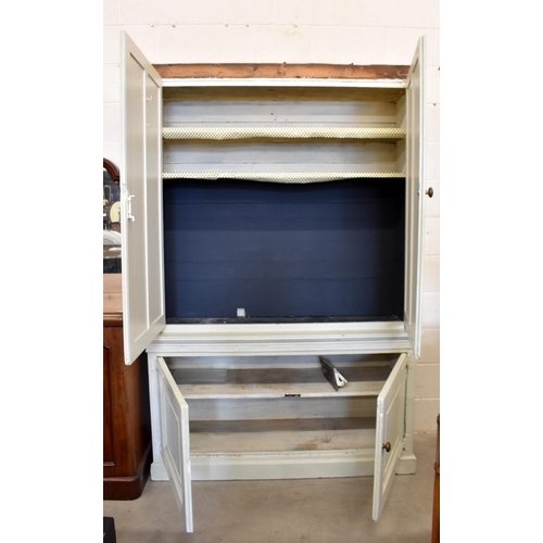 407 - A large antique grey painted pine cabinet in two sections with panelled cupboard doors a/f 145 cm w ... 