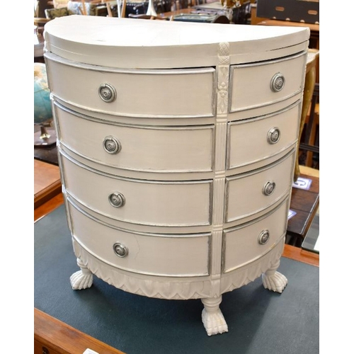 411 - A cream painted demi lune chest with twelve drawers, 70 cm wide x 35 cm deep x 76 cm high