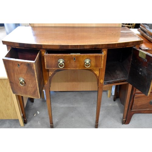 424 - A George III mahogany inlaid bowfront sideboard on square tapering supports with spade feet, 106 cm ... 