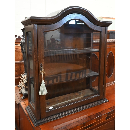 442 - A small glazed oak wall mounted display with two shelves to/w a smaller wall cabinet (2)