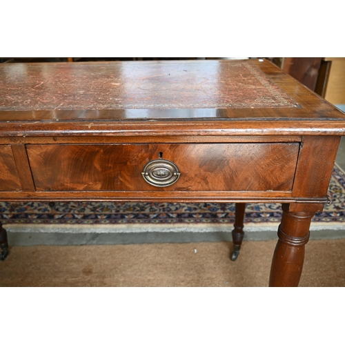 443 - Victorian mahogany writing table with leather top over two drawers on turned supports and casters, 1... 