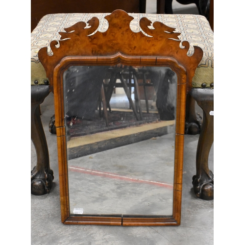 444 - A Georgian style mirror in fret-cut walnut frame, 30 cm w x 52 cm h to/w oak dressing table stool wi... 