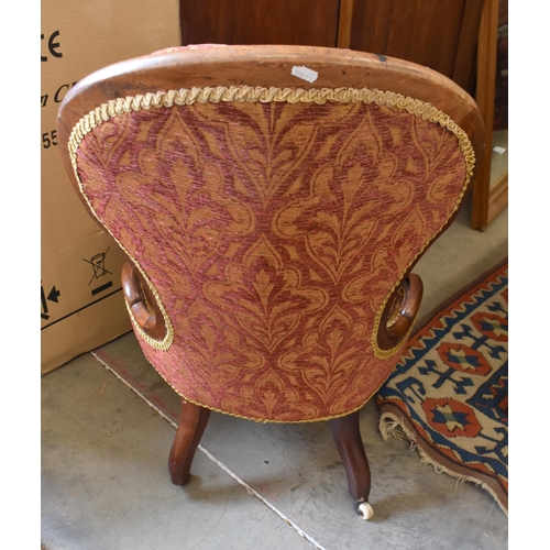 473 - Victorian mahogany framed button back nursing chair, dark red and old gold fabric upholstery