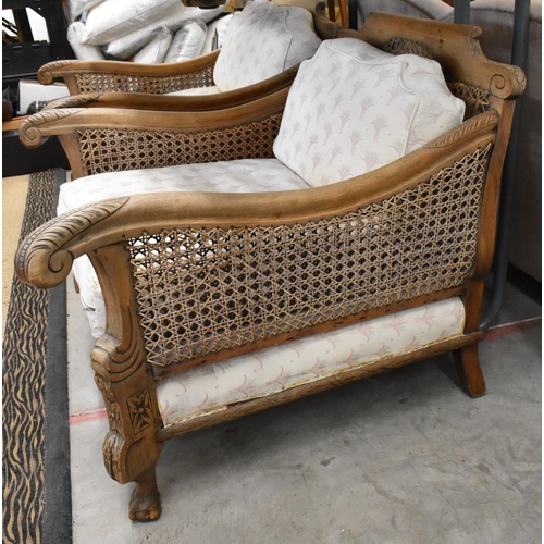 487 - Early 20th century carved oak double caned bergere suite comprising three-seater sofa, 190 cm w x 90... 