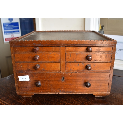 488 - An antique teak table top medical instruments chest with fitted drawers to both sides, 36 cm x 36 cm... 