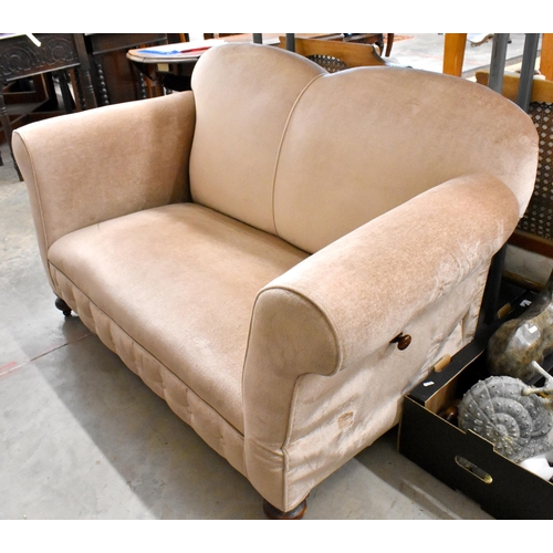 491 - Edwardian mahogany framed hump-backed drop-end sofa with scroll arms and tan dralon upholstery, 140 ... 