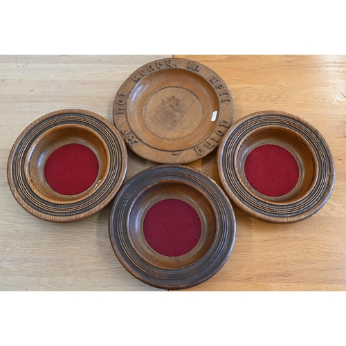 492 - Pair stained pine plant stands, four Victorian turned oak Ecclesiastical offertory bowls, one inscri... 