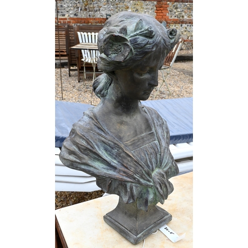 5 - A reconstituted cast stone garden bust 'Josephine' with flowers in her hair, aged bronze finish, A/F