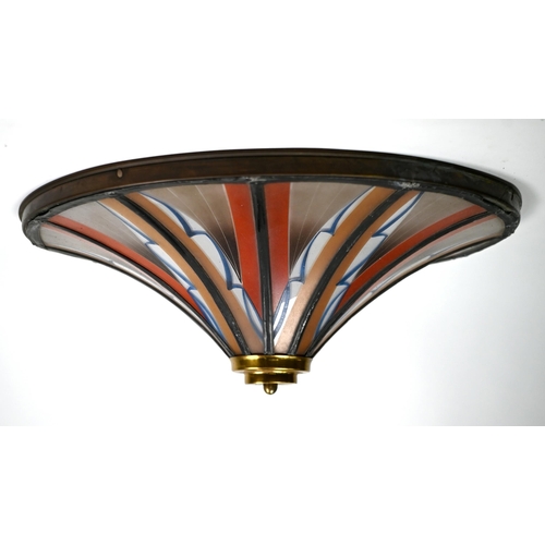 556 - An Art Deco ceiling light with painted glass leaded panels, 40 cm diam to/w an Art Deco brass four-b... 