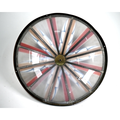 556 - An Art Deco ceiling light with painted glass leaded panels, 40 cm diam to/w an Art Deco brass four-b... 