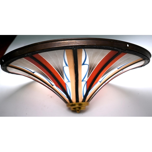 556 - An Art Deco ceiling light with painted glass leaded panels, 40 cm diam to/w an Art Deco brass four-b... 