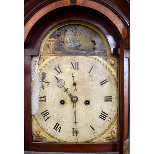 563 - An early 19th century mahogany longcase clock, the enamelled and painted dial topped by a rocking ta... 