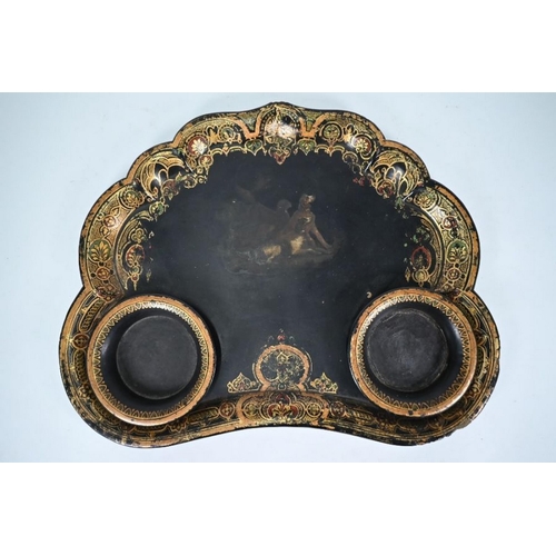 589 - A 19th century serpentine papier mache serving tray with polychrome and gilt decoration, flanked by ... 