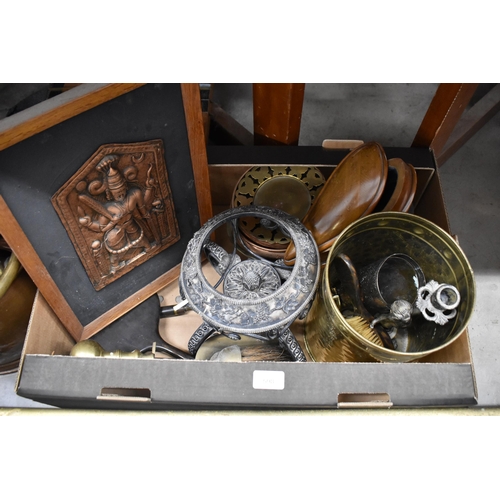 598 - Copper, coak helmet, ep chafing dish stand, two copper horns, box from aero-propellor section, coppe... 