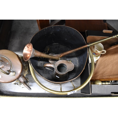 598 - Copper, coak helmet, ep chafing dish stand, two copper horns, box from aero-propellor section, coppe... 