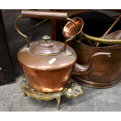 598 - Copper, coak helmet, ep chafing dish stand, two copper horns, box from aero-propellor section, coppe... 