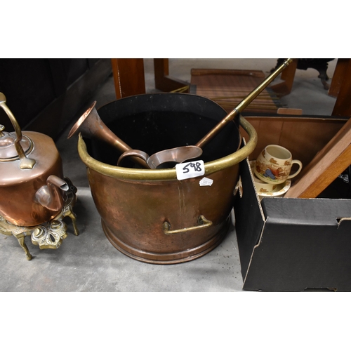 598 - Copper, coak helmet, ep chafing dish stand, two copper horns, box from aero-propellor section, coppe... 