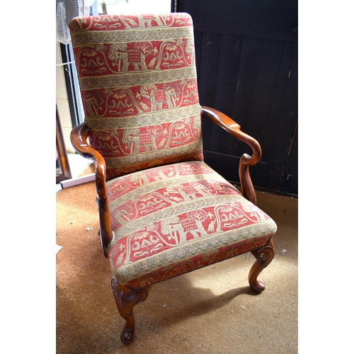 602 - Cherry wood framed open armchair with elephant print fabric