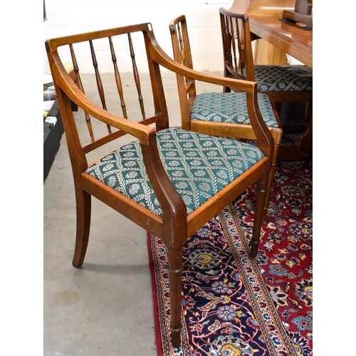 610 - Set of six Edwardian mahogany spindle back dining chairs with green foliate print pad seats (4 stand... 