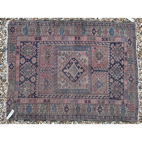 616 - Two old worn Caucasian red ground prayer rugs, 112 cm x 90 cm and 120 cm x 96 cm (2)