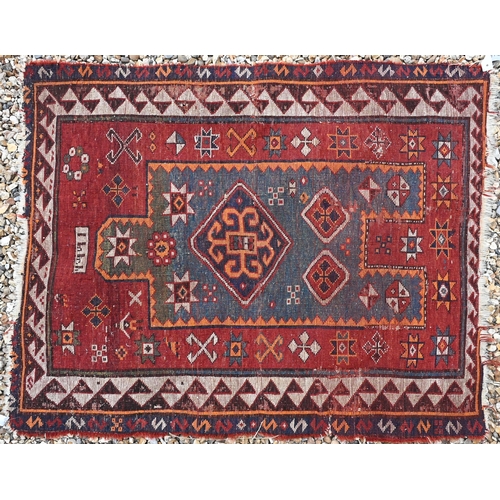 616 - Two old worn Caucasian red ground prayer rugs, 112 cm x 90 cm and 120 cm x 96 cm (2)