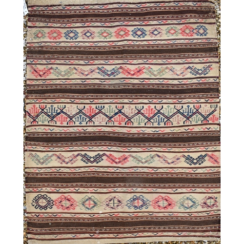 617 - Red and blue floral design kelim mat to/w brown and tan banded soumak with geometric motifs (2)