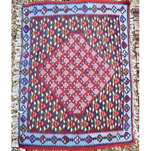 617 - Red and blue floral design kelim mat to/w brown and tan banded soumak with geometric motifs (2)