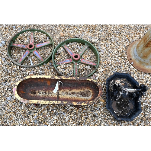 62 - A small old cast iron garden trough to/with two cast iron wheels and a cast iron boot scraper