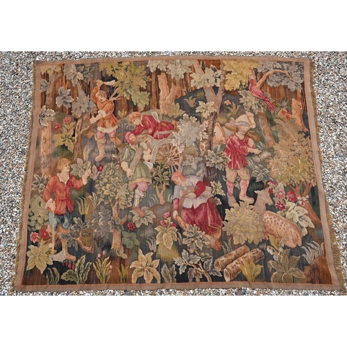 629 - A Belgian pictorial tapestry depicting woodland scene with arborists and deer, 255 x 212 cm