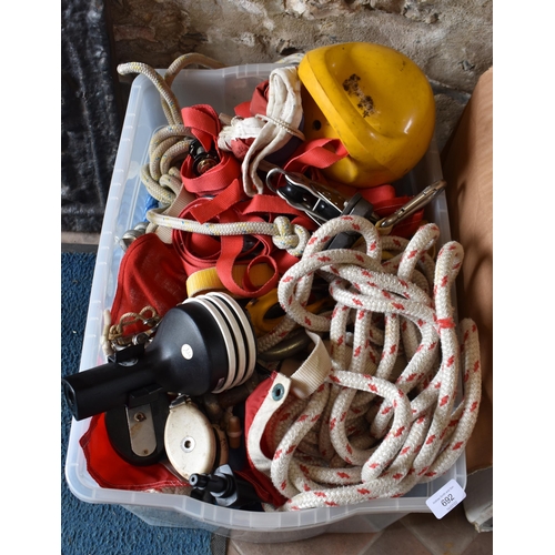 692 - A selection of nautical related items including binacle, buoys, pulleys, ropes, etc (box)