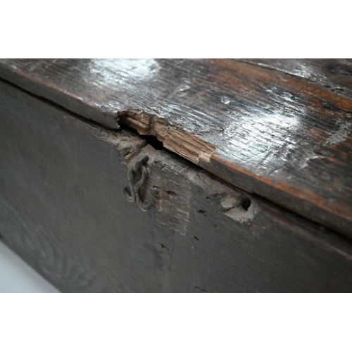 81 - A 17th century oak six plank coffer, 95 cm x 31 cm x 39 cm h - a/f