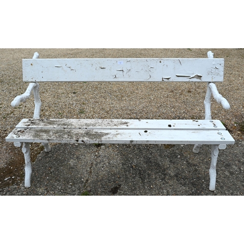 87 - A Coalbrookdale style cast iron framed branch bench, with wood slats, 152 cm long (white)