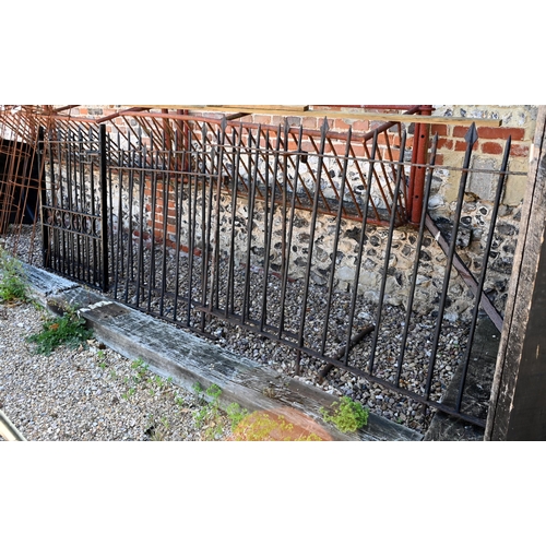 89 - Three sections of antique wrought iron railed fencing - 157 cm / 110 cm / 264 cm wide x approx. 165 ... 